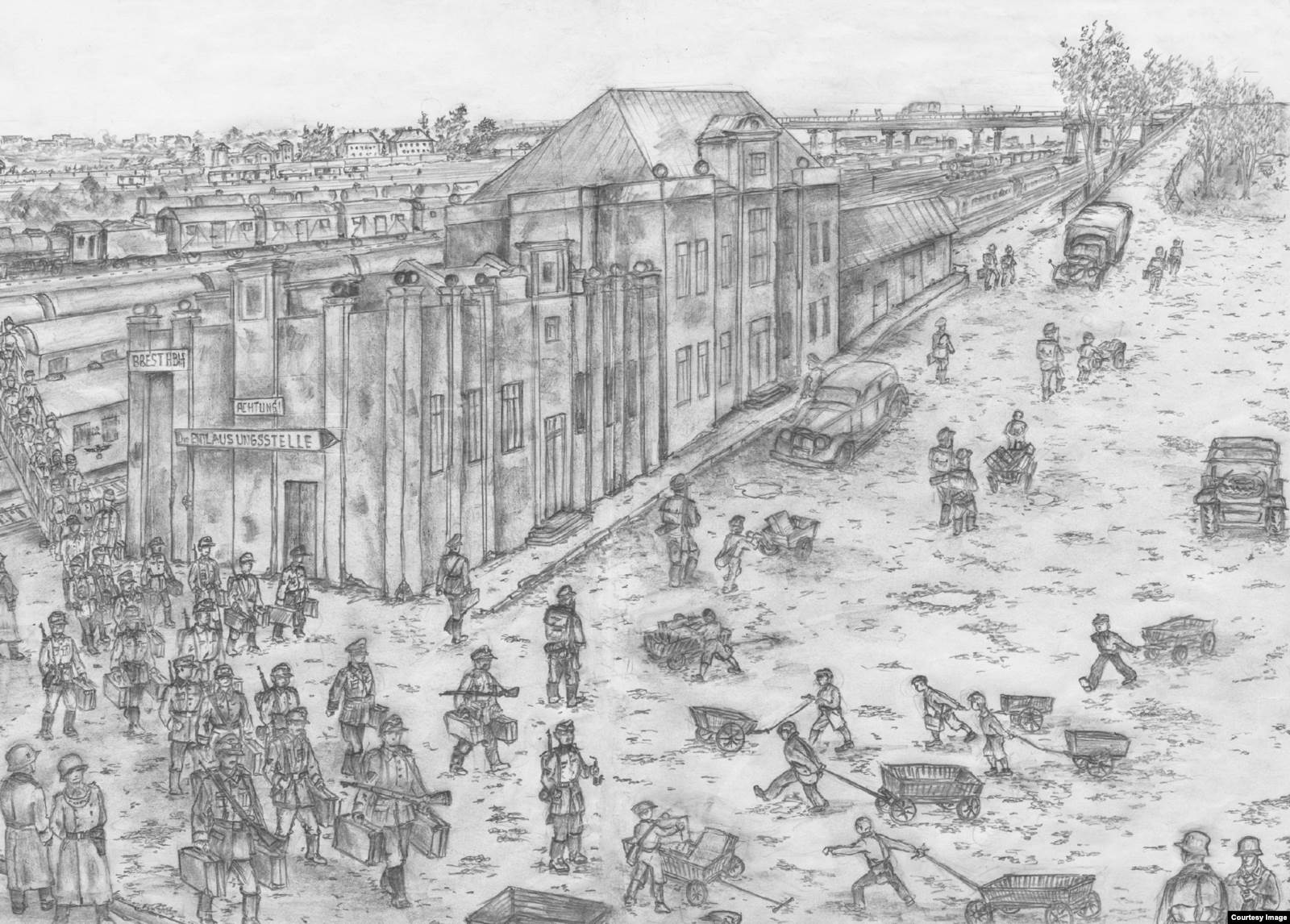 Вокзал станции "Брест-Центральный". Немецкие отпускники направляются в санпропуск. Подростки с тележками, "трагаши" (в переводе с польского – носильщик), заменяли носильщиков. Рисунок Владимира Губенко