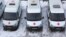 Russia, Moscow, Shmitovskiy proezd 11 march 2018 Ambulance, car parking, red cross, medicine, city, winter, top view