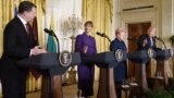 U.S. -- (L-R) President Raimonds Vejonis of Latvia, President Kersti Kaljulaid of Estonia, President Dalia Grybauskaite of Lithuania and US President Donald Trump participate in a press conference in the East Room of the White House on April 3, 2018.