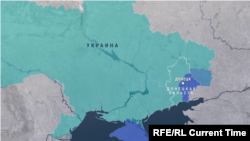 Оккупированная часть Донецкой области Украины (выделена синим цветом) до полномасштабного вторжения России в 2022 году